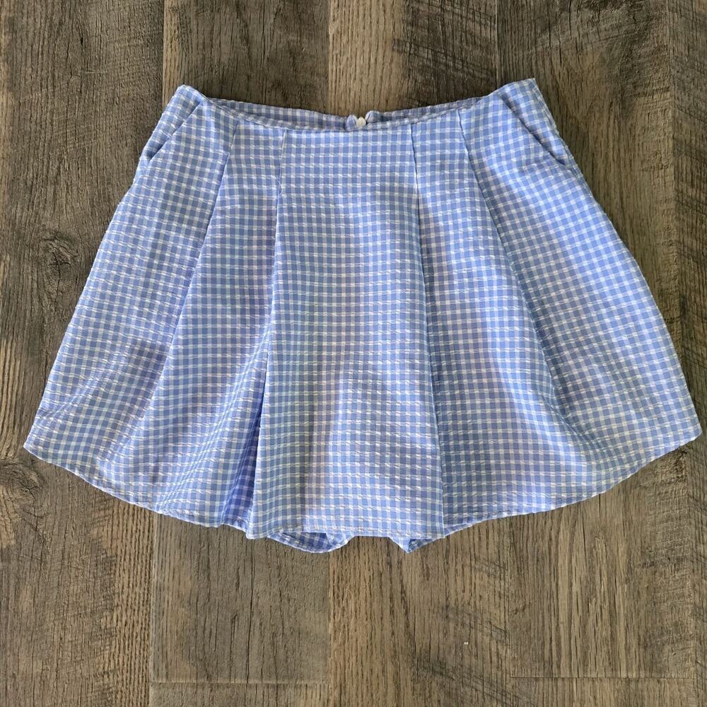 Zara Women's Blue White Gingham Seersucker Mini Skirt Size XS Side Zip Cottage